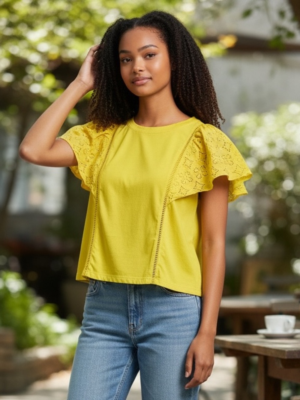 Banana Republic Yellow Eyelet Flutter Sleeve Tee Small EUC